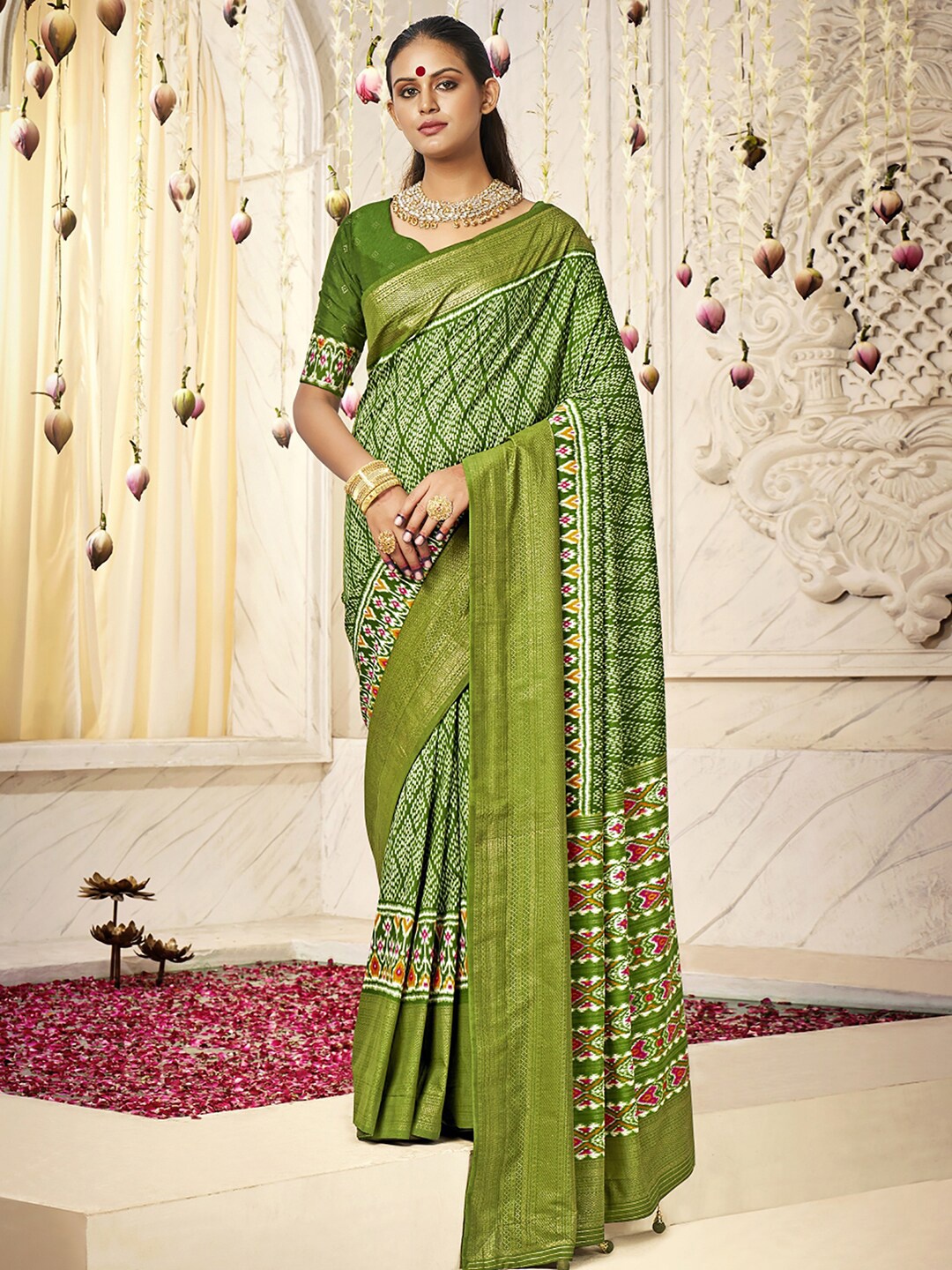 

Saree mall Ethnic Motifs Printed Zari Ikat Sarees, Green