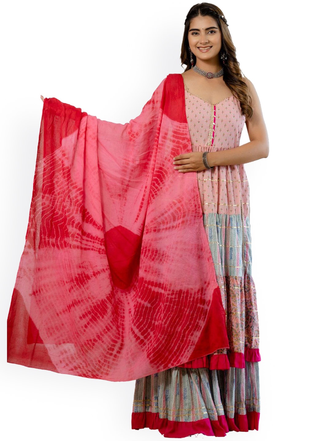 

ftDiva Ethnic Motifs Print Gotta Patti Cotton A-Line Kurta & Sharara With Dupatta, Pink