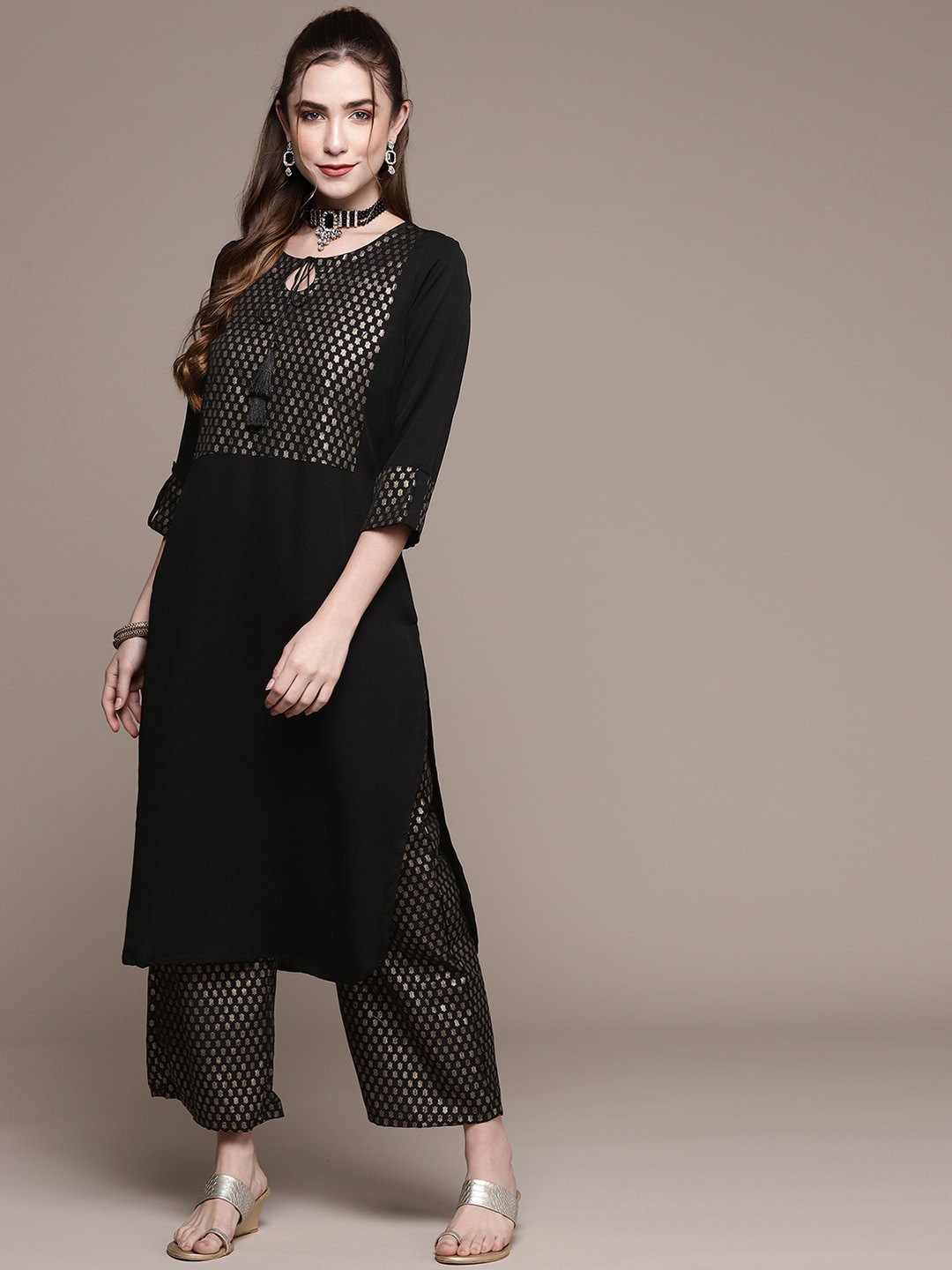 

Sangria Black Ethnic Motifs Embroidered Tie-Up Neck Straight Kurta