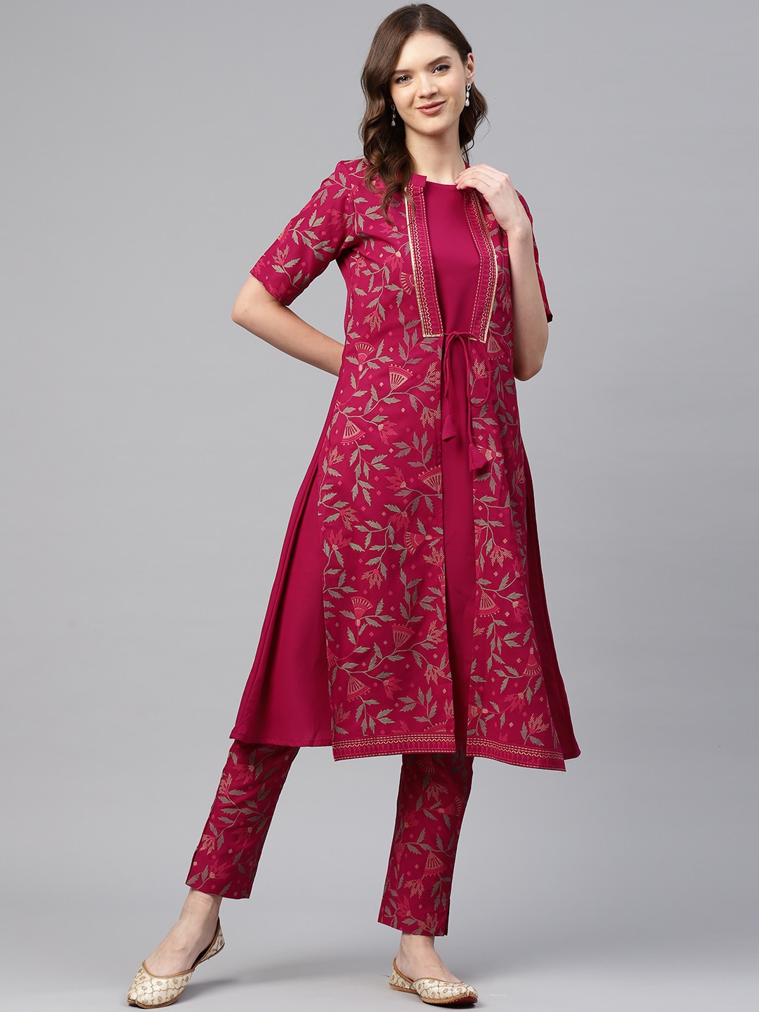 

Sangria Pink Floral Printed Round Neck A-Line Kurta