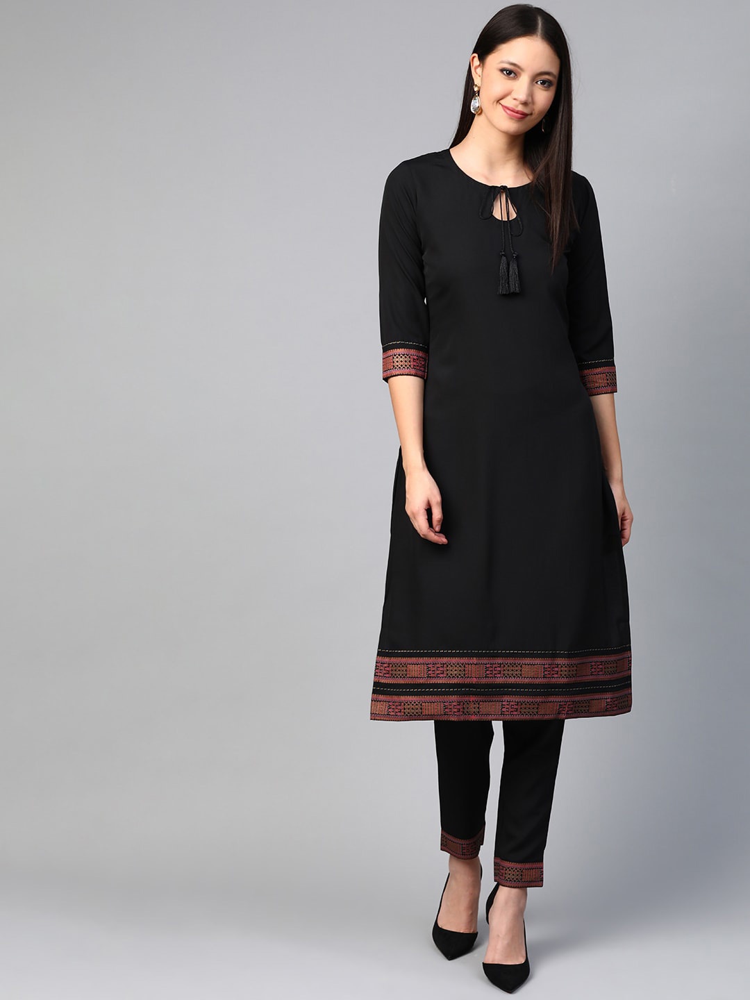 

Sangria Tie-Up Neck Straight Kurta, Black