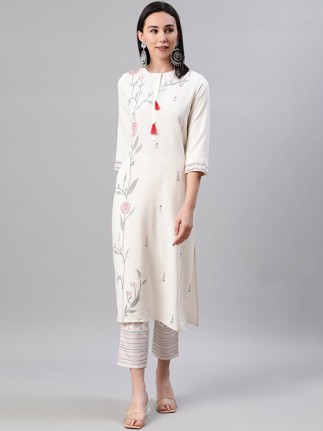 

Sangria Floral Printed Mandarin Collar Straight Kurta, Cream