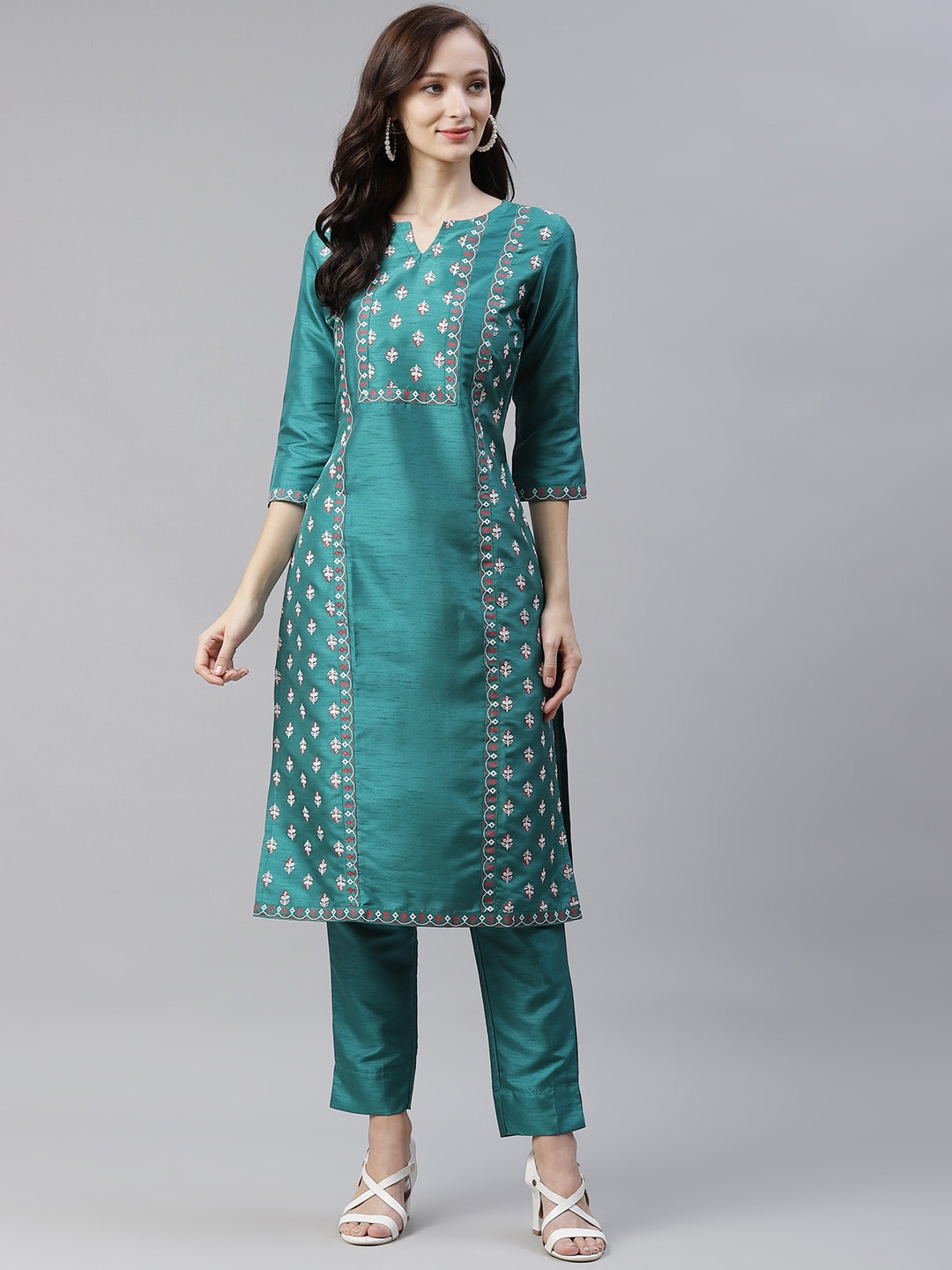 

Sangria Floral Printed Notch Round Neck Calf Length Straight Kurta, Green