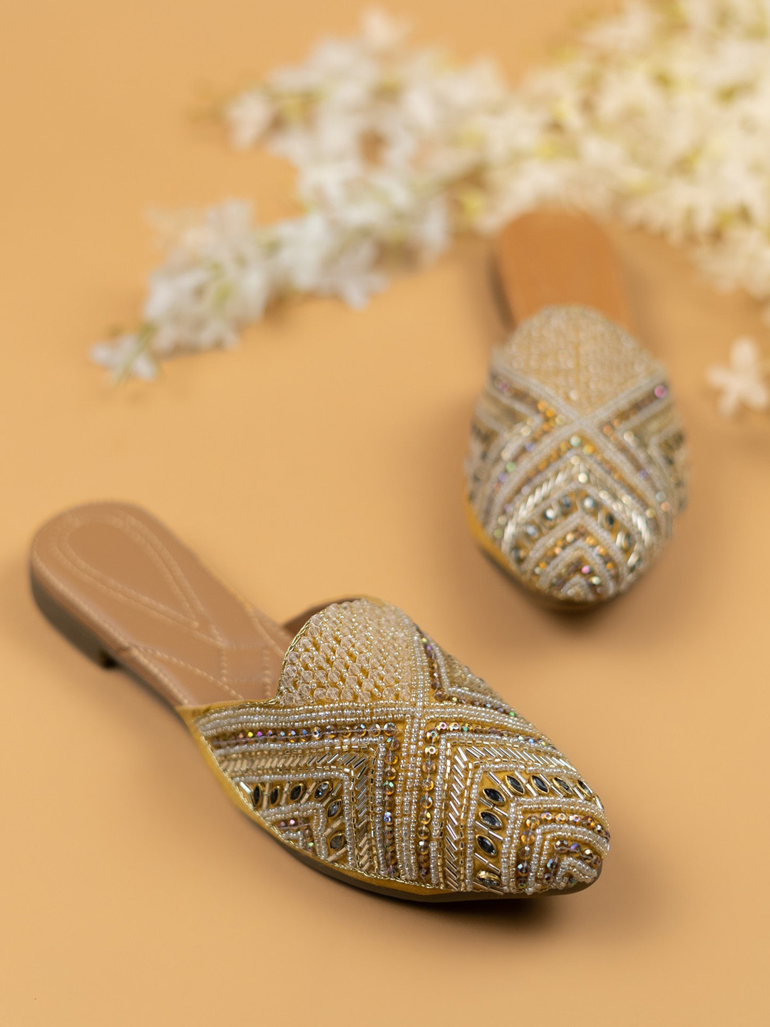 

THE WHITE POLE Ethnic Embellished Fabric Pointed Toe Mules, Gold