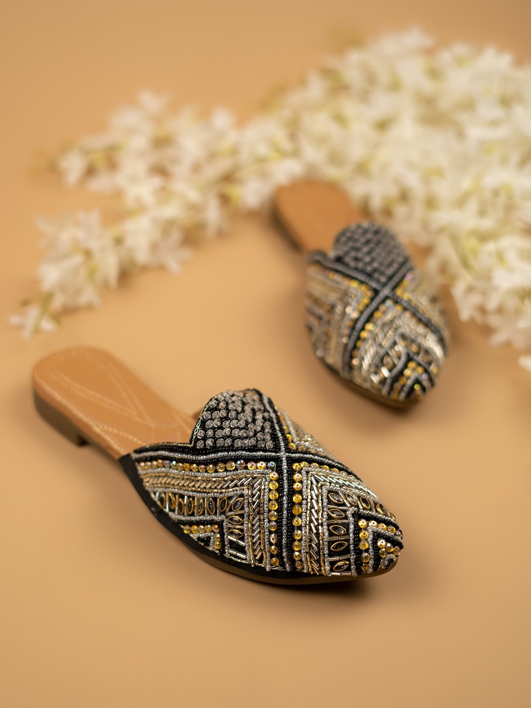 

THE WHITE POLE Embellished Ethnic Mules, Black