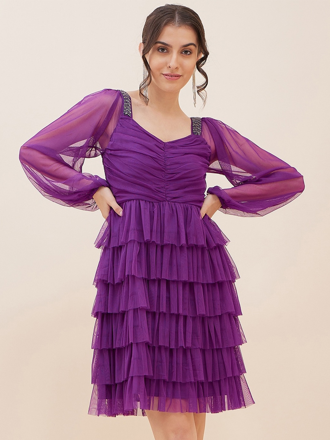 

Antheaa Puff Sleeve Layered Net Fit & Flare Dress, Purple