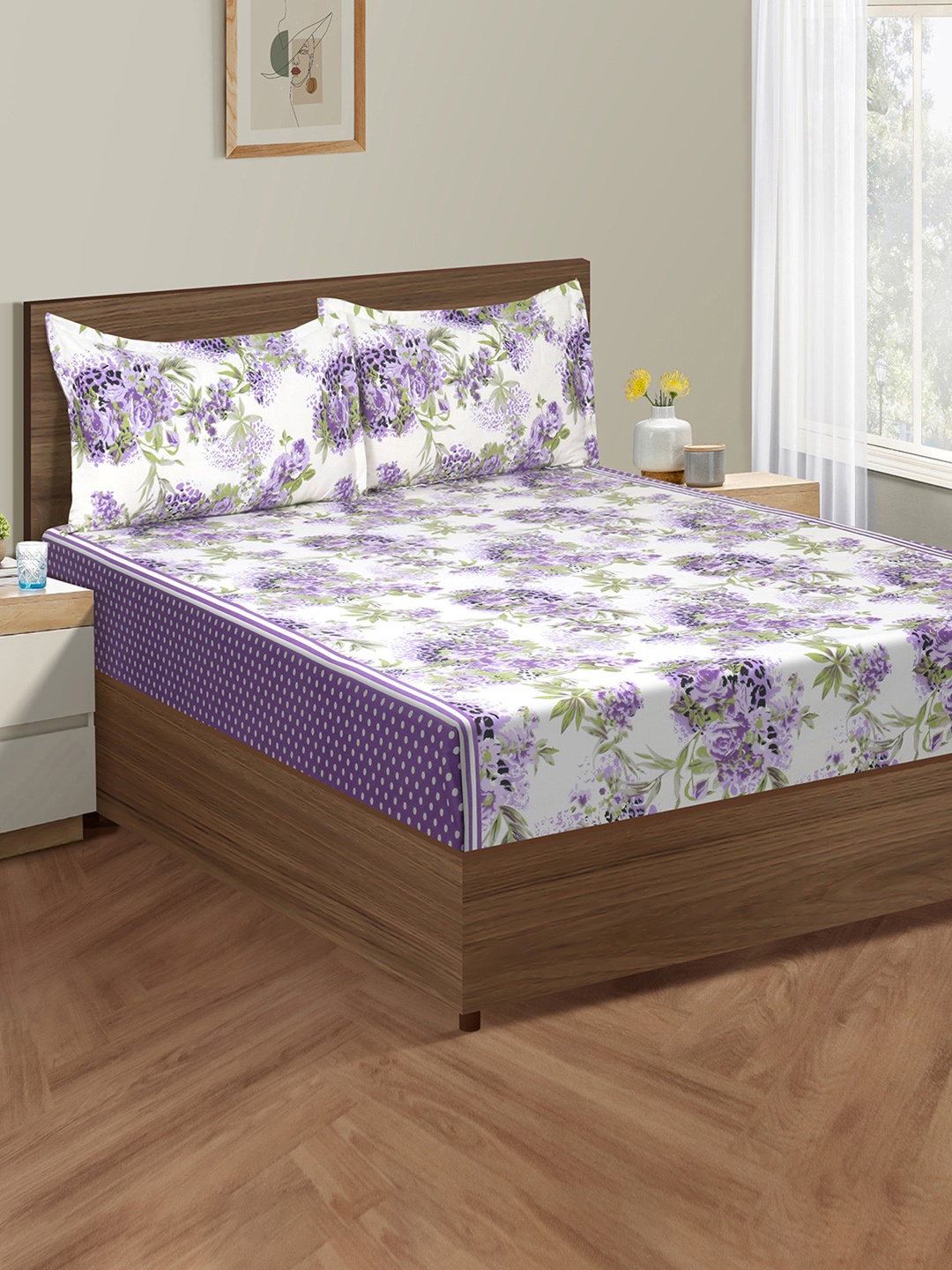 

SWAYAM Purple Veda Floral Print 160 TC Cotton Double Bedsheet Set