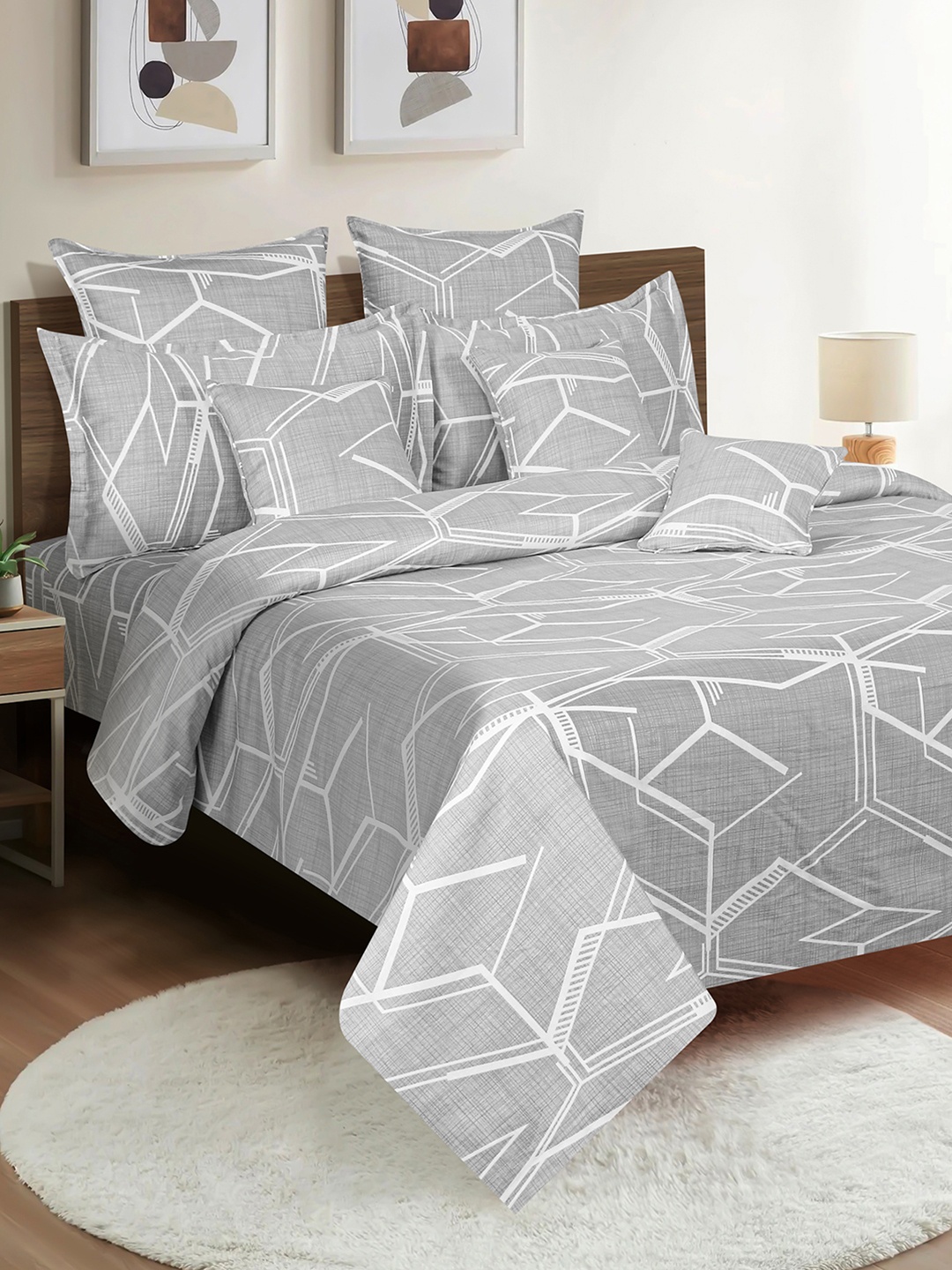 

SWAYAM Grey Zinnia Abstract Print Mercerized Cotton 250 TC Double Bedsheet Set