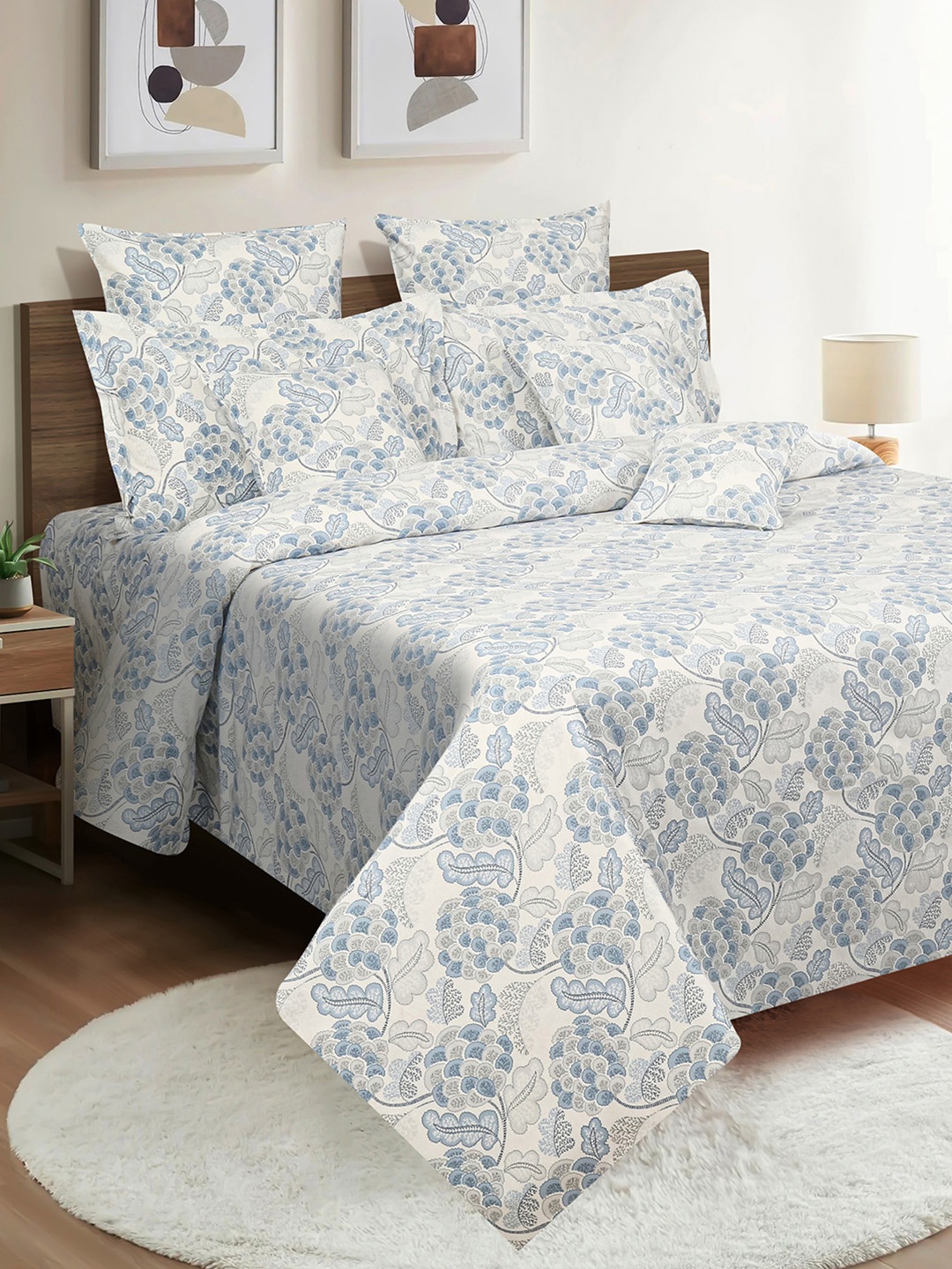 

SWAYAM Blue Veda Floral Print 160 TC Cotton King Bedsheet Set