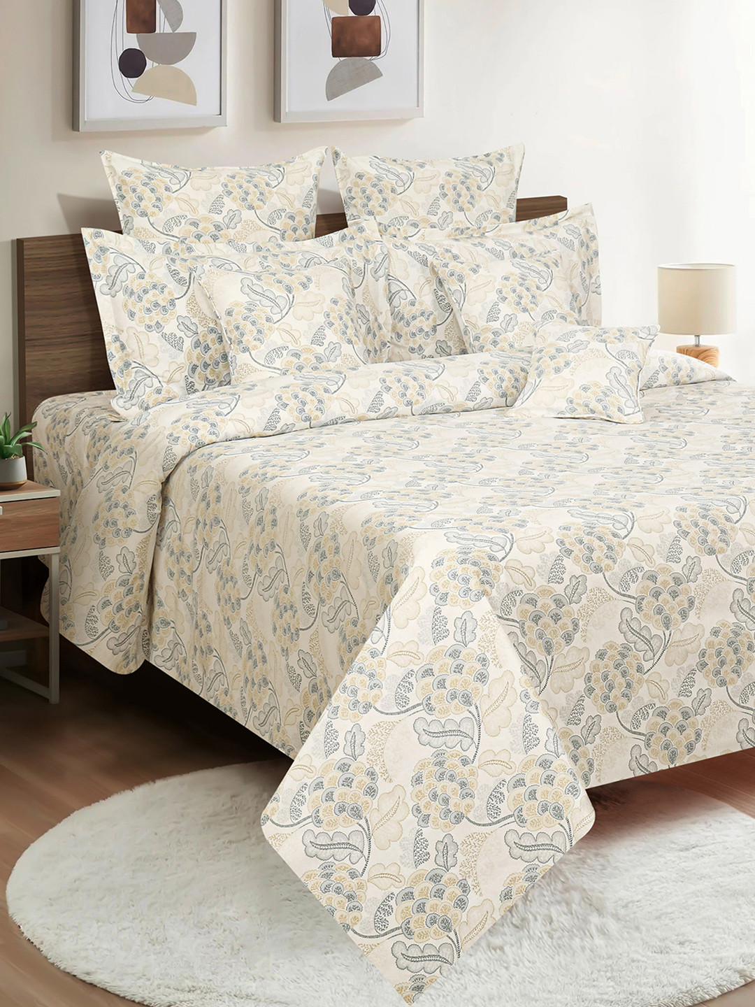 

SWAYAM Brown Veda Floral Print 160 TC Cotton King Fitted Bedsheet Set