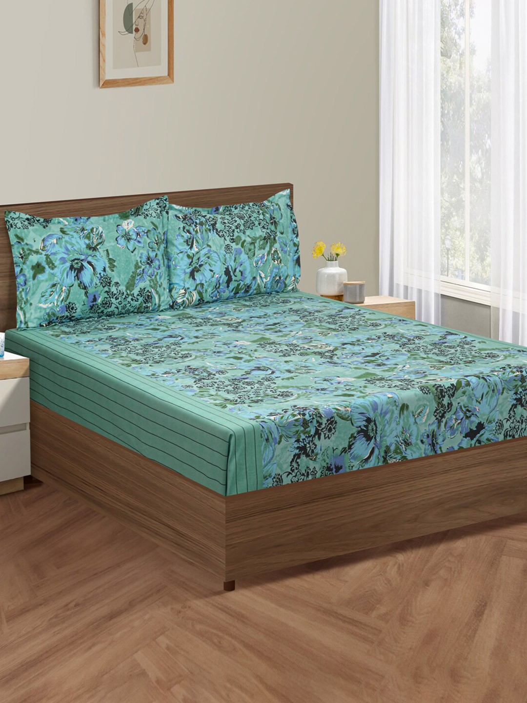 

SWAYAM Green & Black Floral Cotton 160 TC King Bedsheet With 2 Pillow Covers