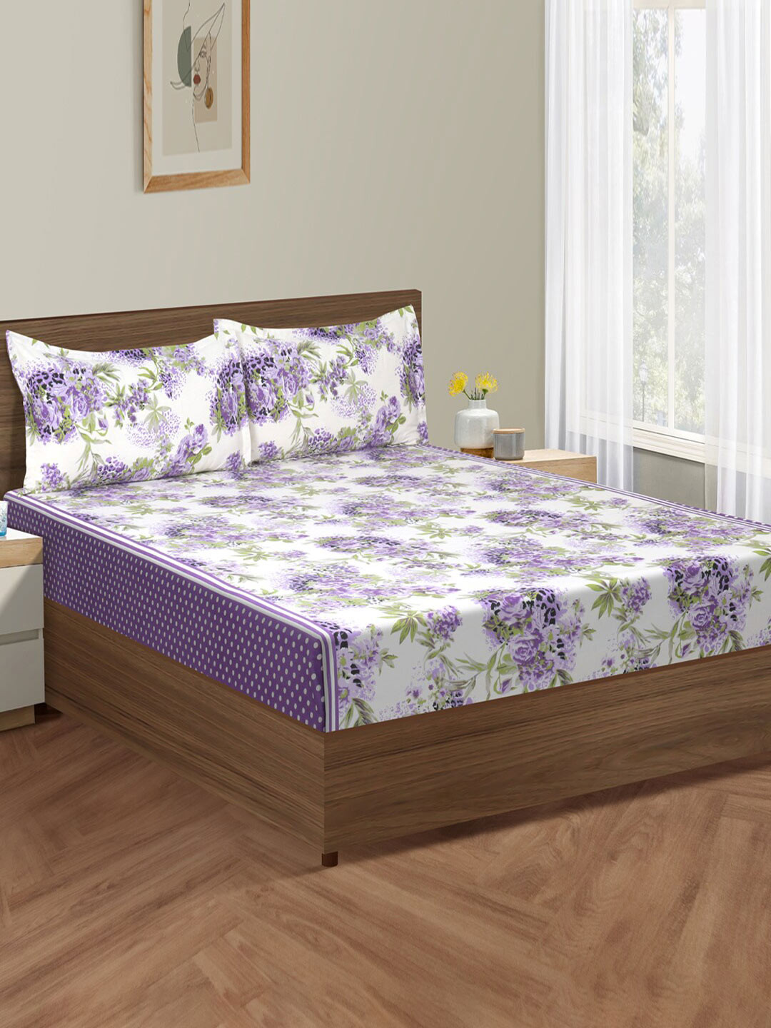 

SWAYAM Veda White & Purple Floral Cotton 160 TC Fitted King Bedsheet with 2 Pillow Covers