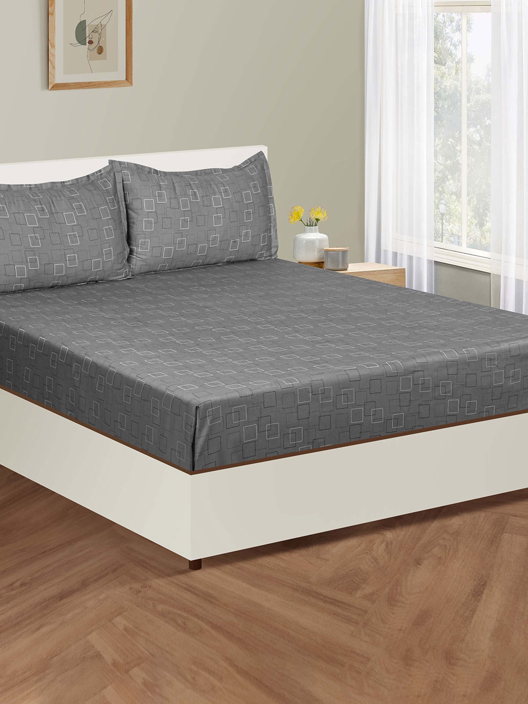 

SWAYAM Zinnia Grey Geometric Cotton 250 TC King Bedsheet with 2 Pillow Covers