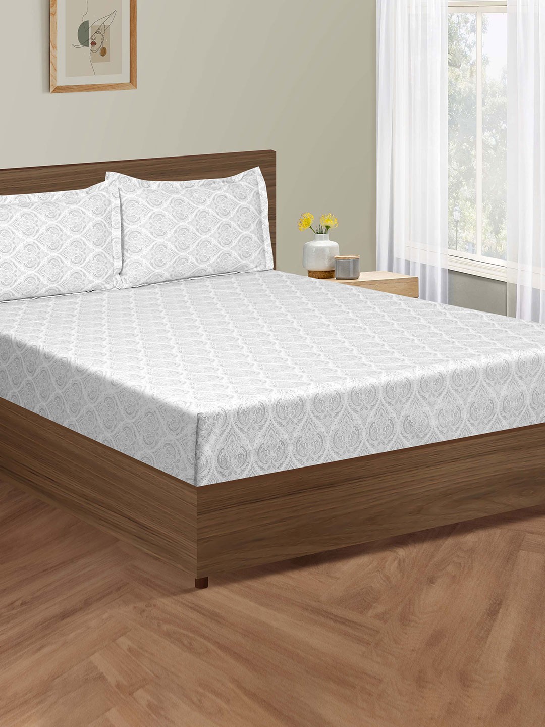 

SWAYAM Ananda Grey & White Ethnic Cotton 200 TC Fitted King Bedsheet with 2 Pillow Covers