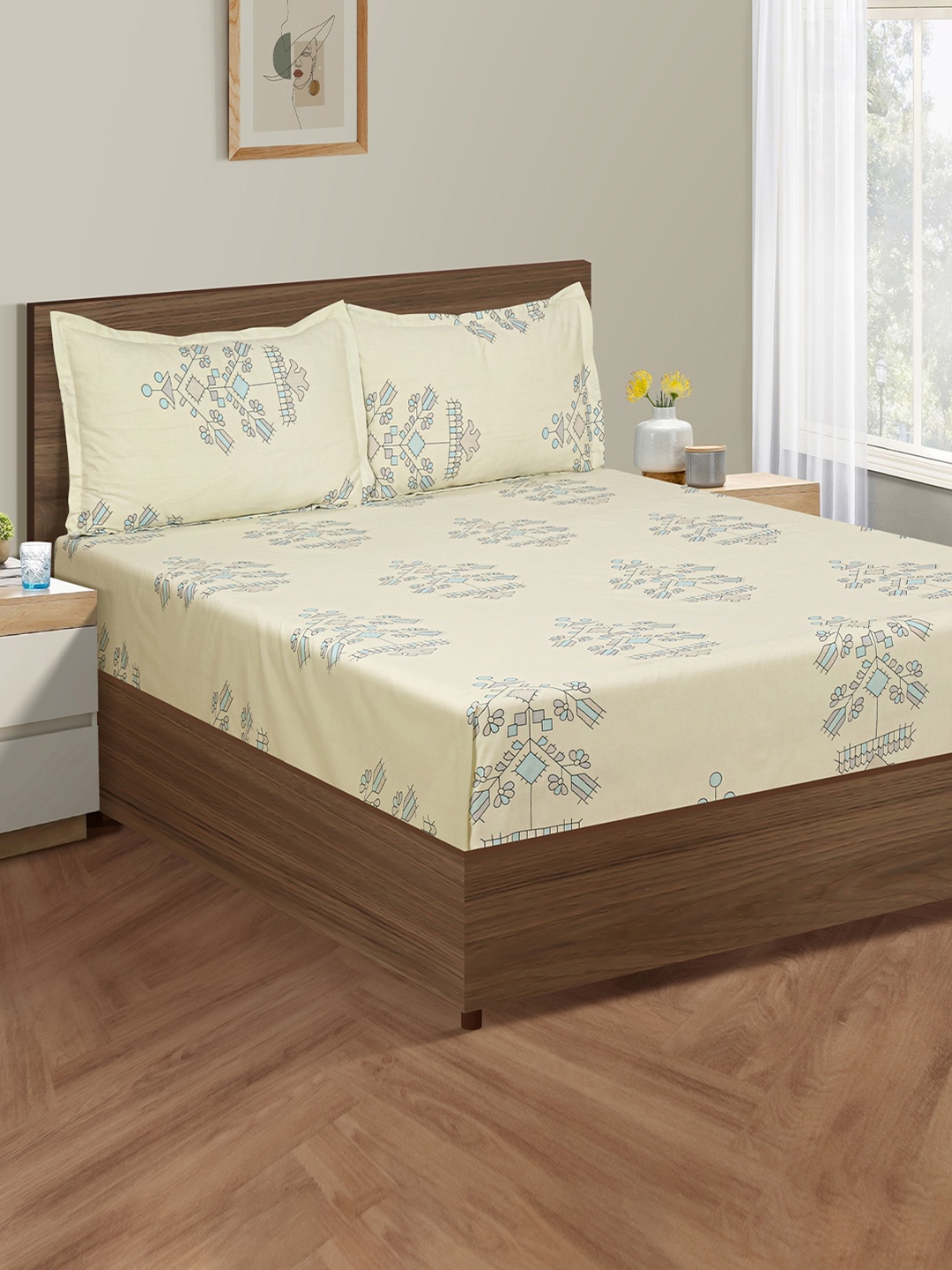 

SWAYAM White Veda Ethnic Motif 160 TC Cotton Double Bedsheet Set, Green