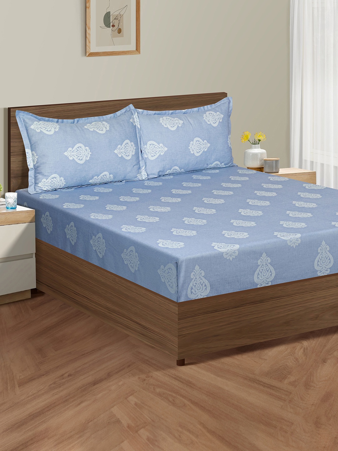 

SWAYAM Blue Zinnia Ethnic Motif Mercerized Cotton 250 TC Double Bedsheet Set