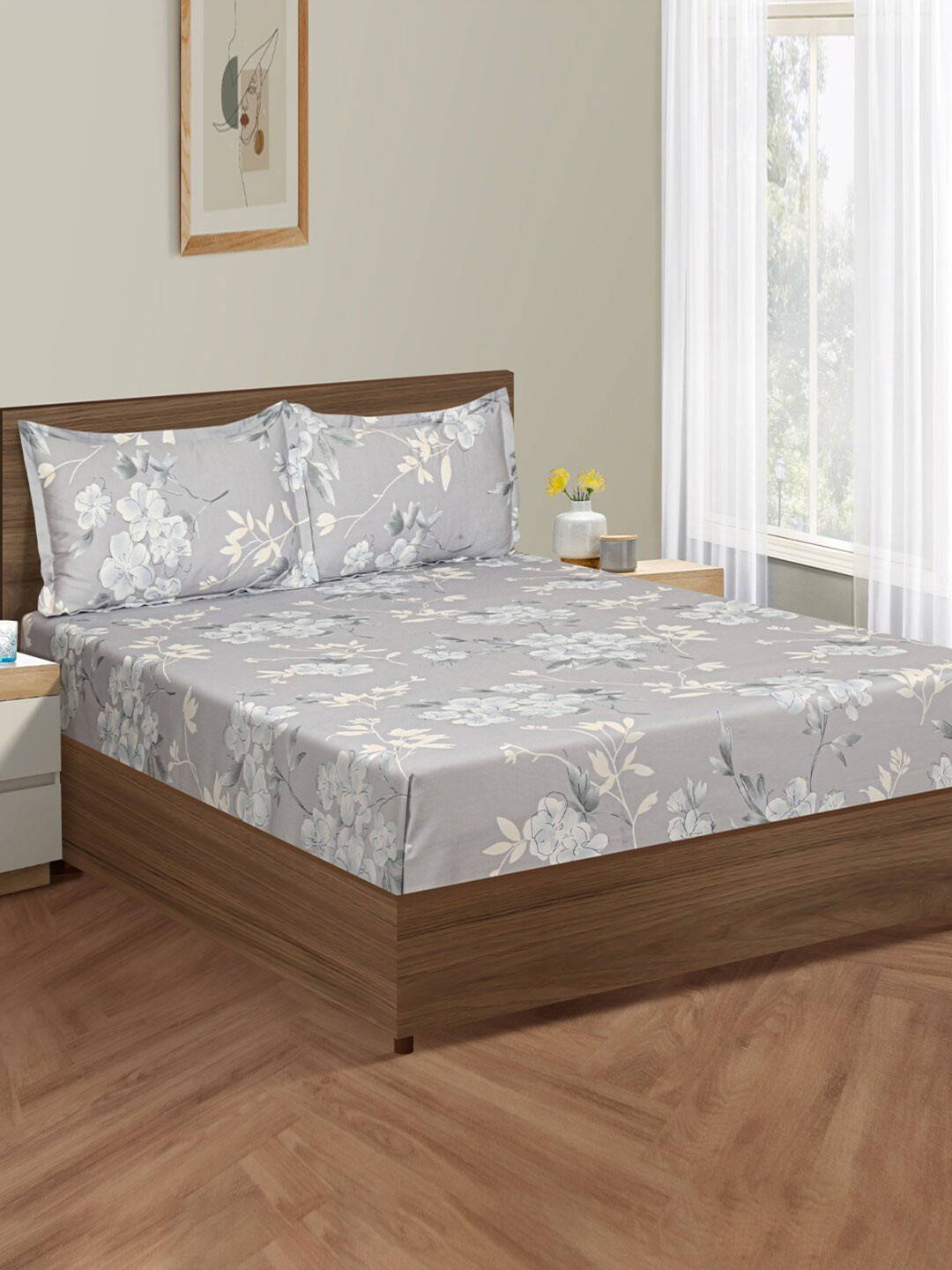 

SWAYAM Grey & White Floral Cotton Fitted 250 TC King Bedsheet with 2 Pillow Covers