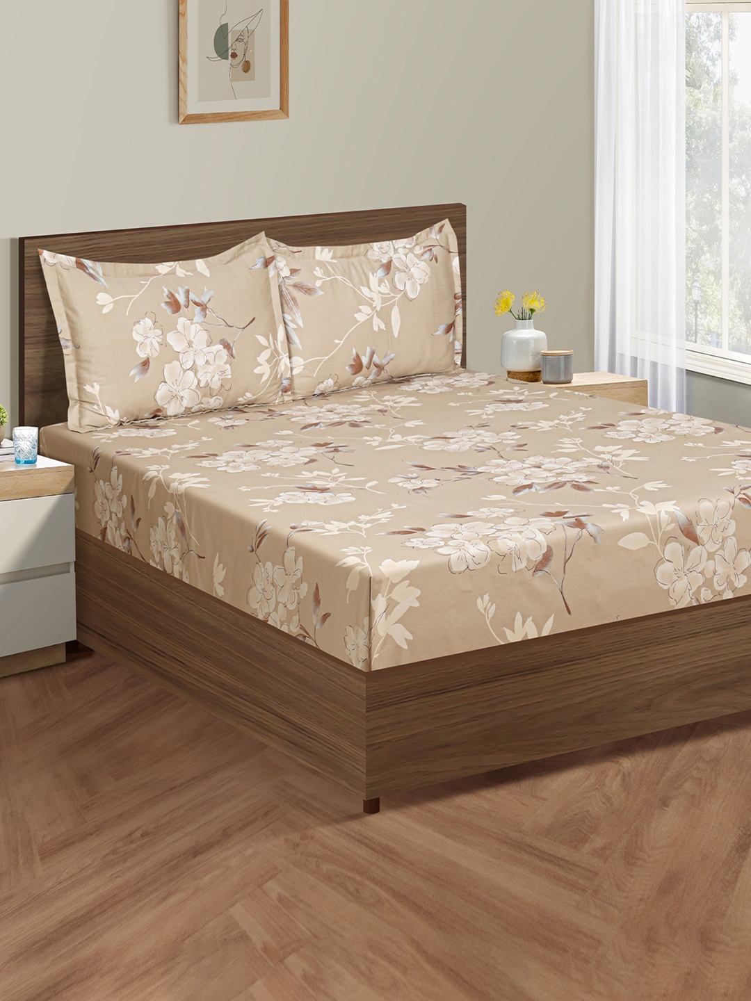 

SWAYAM Brown Zinnia Floral Print 250 TC Mercerized Cotton King Bedsheet Set, Beige