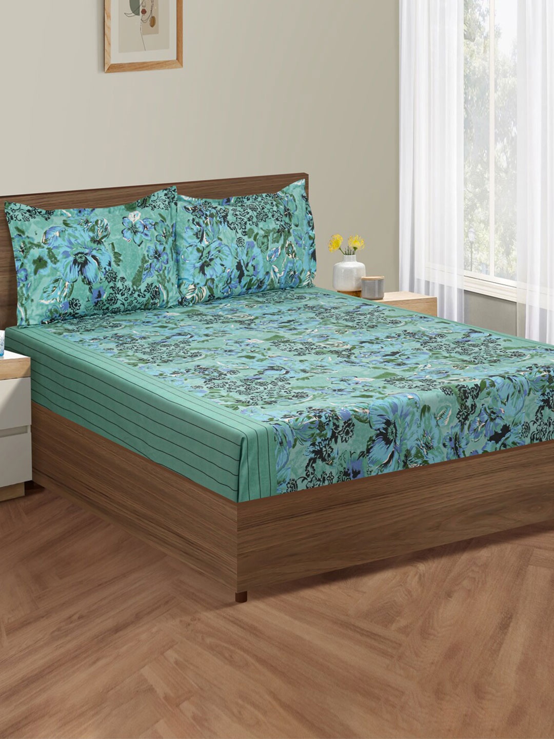 

SWAYAM Veda Green & Blue Floral Cotton 160 TC Fitted King Bedsheet with 2 Pillow Covers
