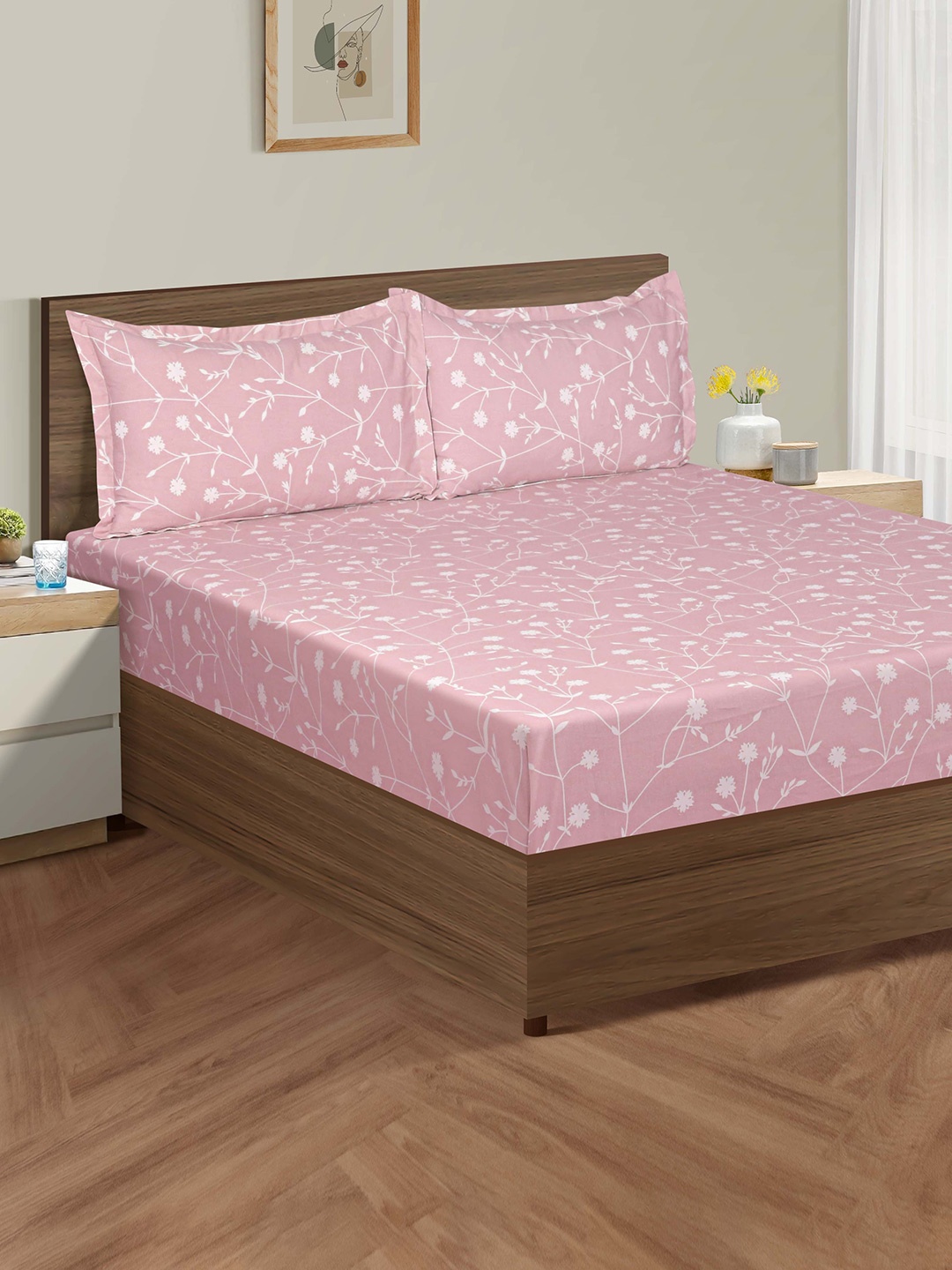 

SWAYAM Ananda Pink & White Floral Cotton 200 TC Fitted King Bedsheet with 2 Pillow Covers