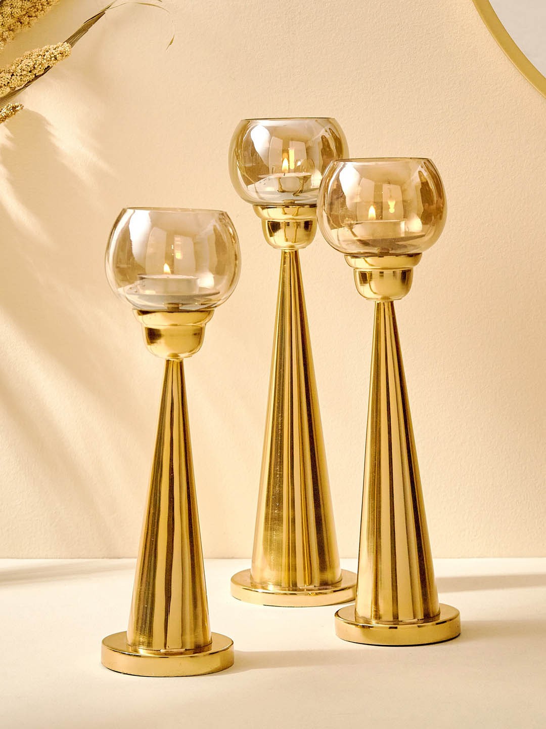 

Home Centre Brown Textured Glass Pedestal T-Light Holder, Gold