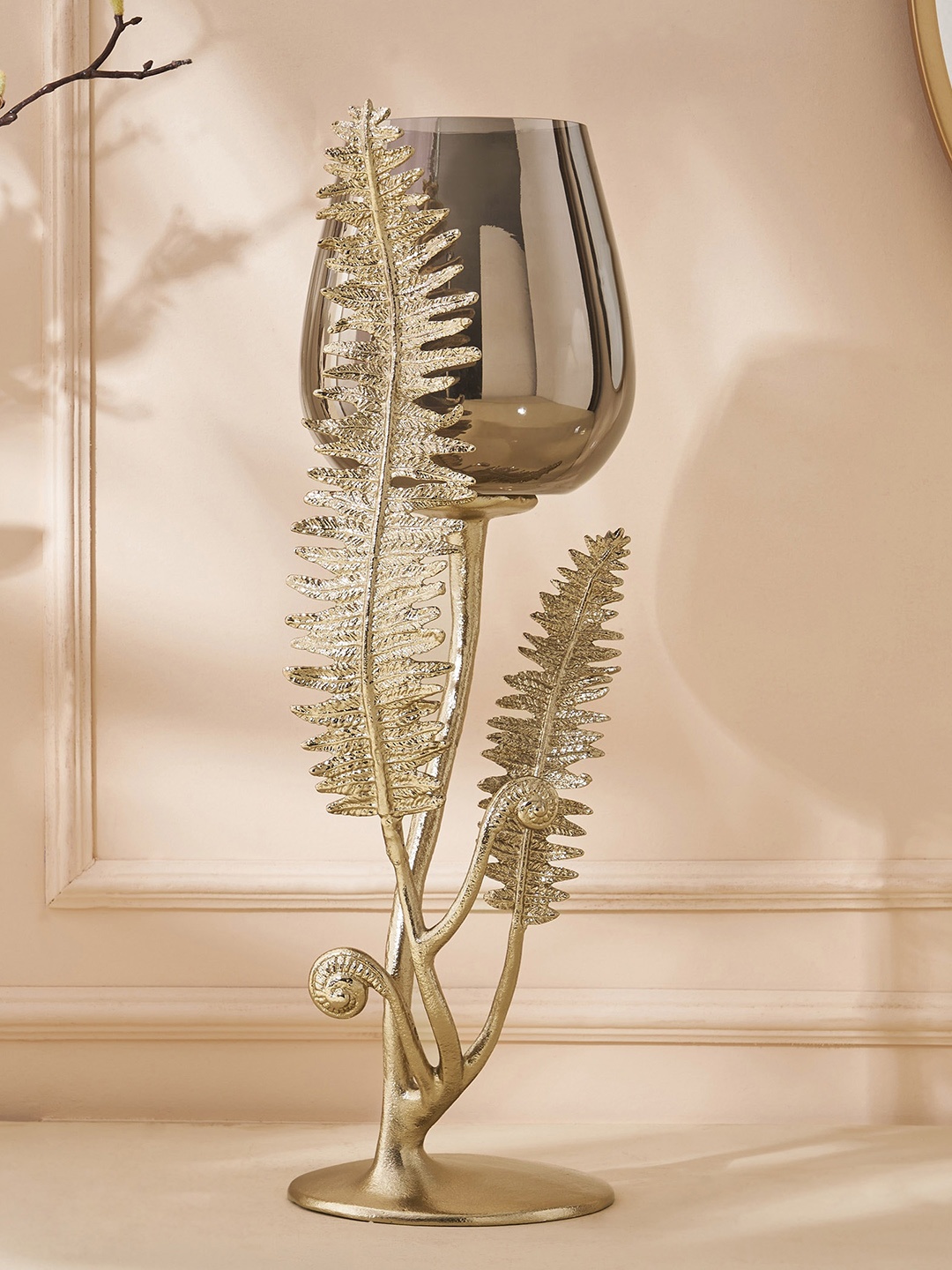 

Home Centre Brown Textured Glass Fern Pedestal Votive Holder, Gold