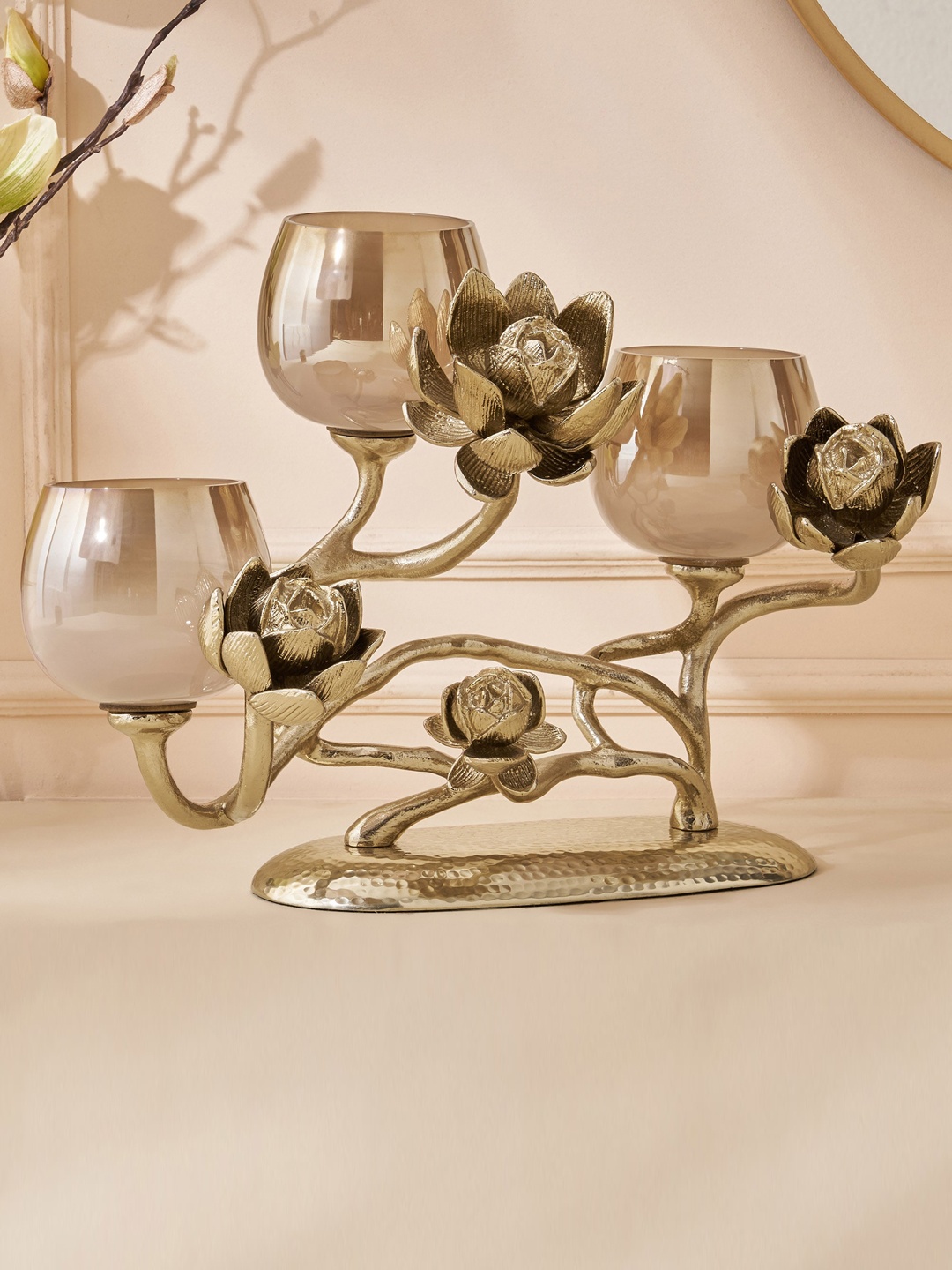 Home Centre Gold Toned 3-Pieces Textured Decorative Festive Tealight Candle Holders