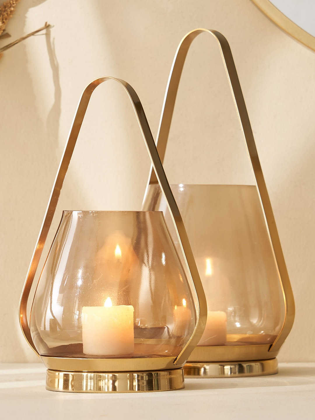 

Home Centre Brown Glass Lantern With Handle, Gold