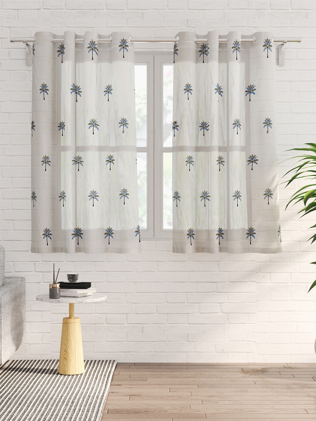 

Home Centre Chanderi White & Blue 2 Pieces Embroidered Sheer Window Curtains