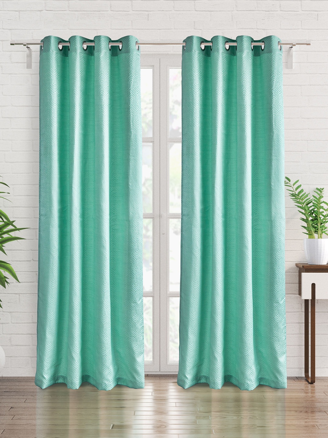 

Home Centre Morris Teal 2 Pieces Abstract Light Filtering Jacquard Sheer Door Curtains