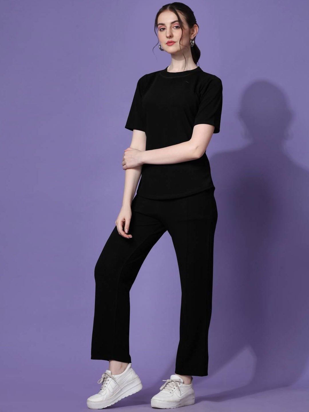 

Ziva Fashion Round-Neck T-Shirt With Trouser Co-Ords, Black