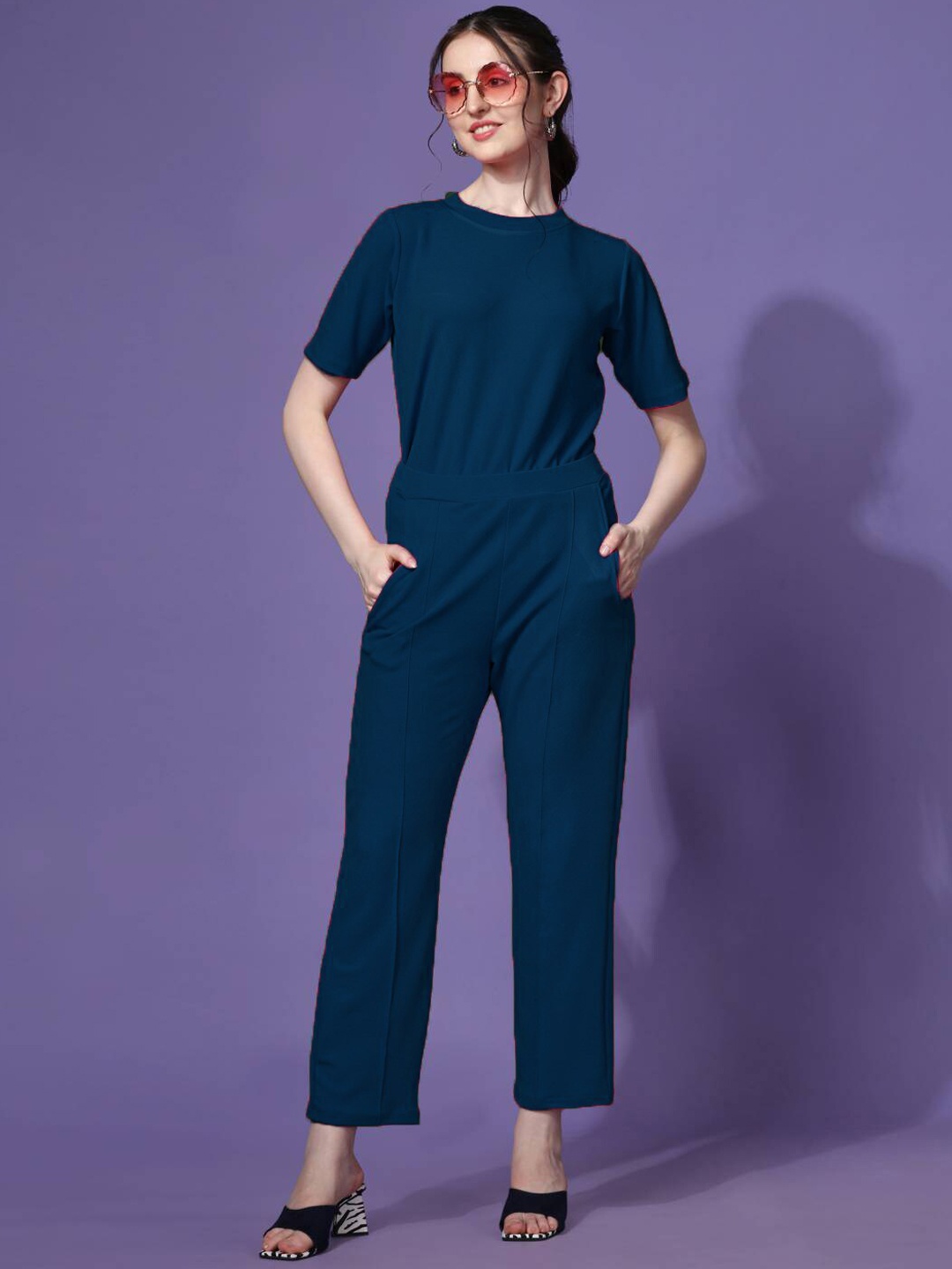 

Ziva Fashion Round Neck T-Shirt & Trousers Co-Ord Set, Navy blue