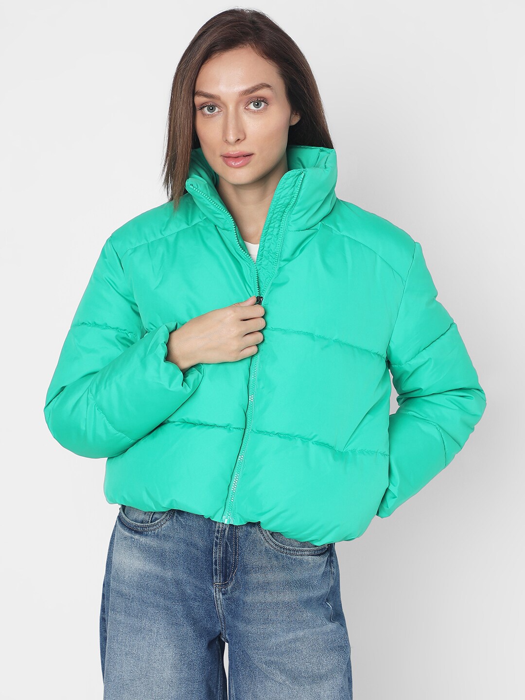 

Vero Moda Mock Collar Puffer Crop Jacket, Green