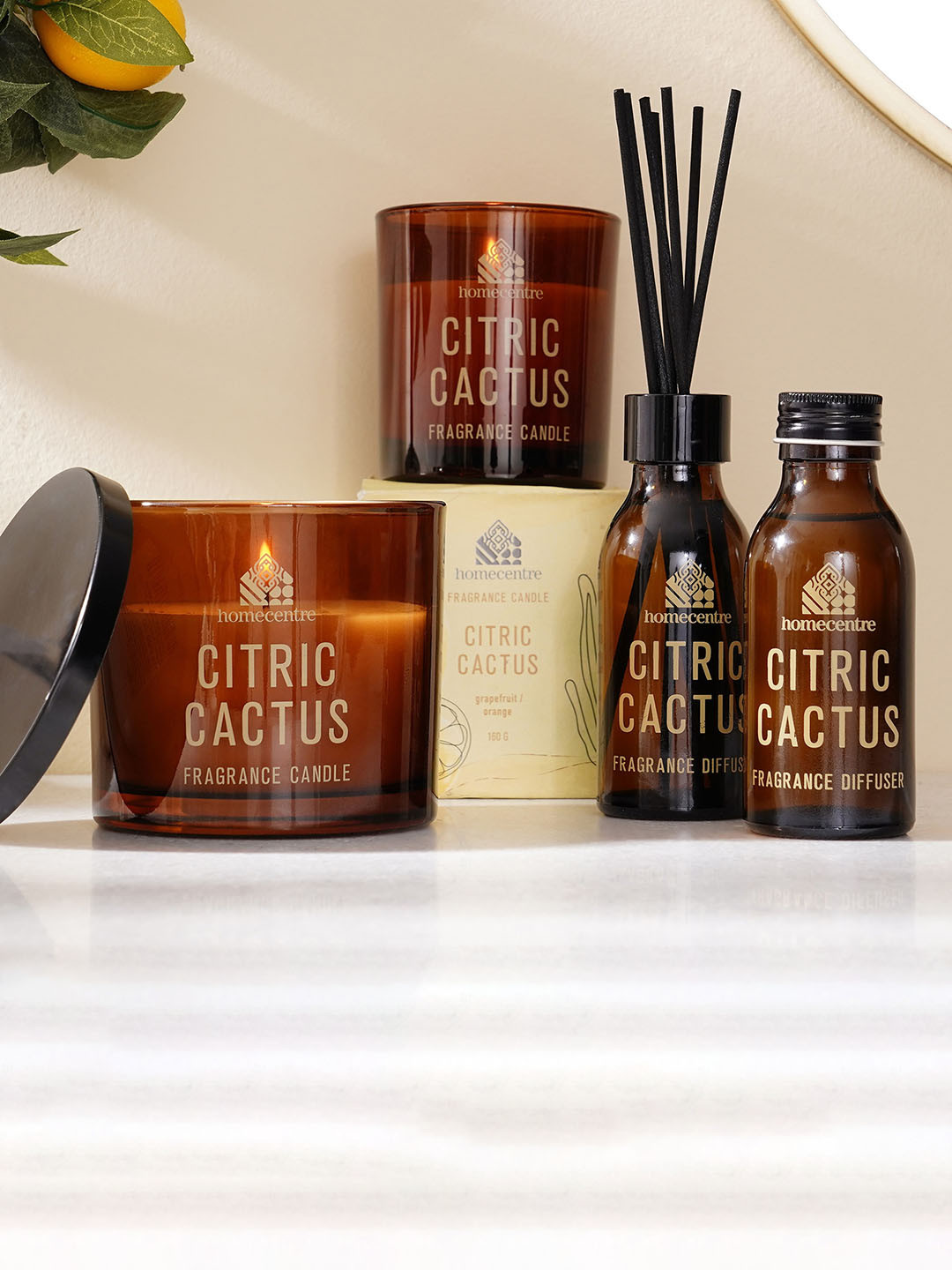 

Home Centre Enchanted Citrus Cactus Diffuser Oil With Candle - 100 Ml, Yellow
