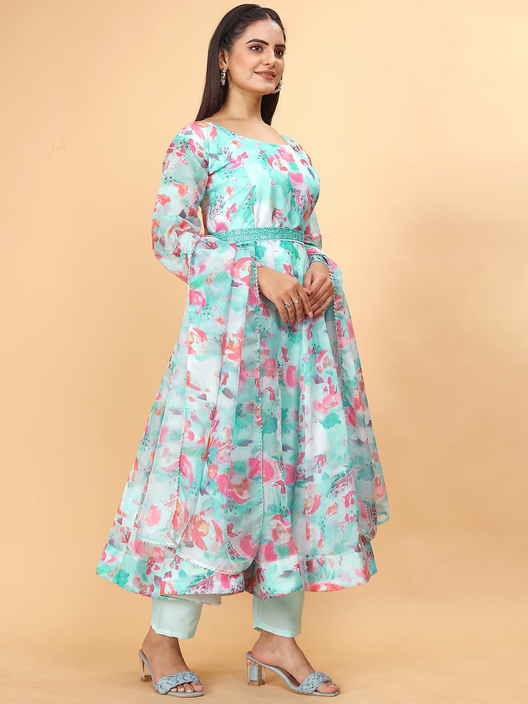 

N N ENTERPRISE Abstract Printed Gotta Patti Organza A Line Kurta With Trousers & Dupatta, Blue