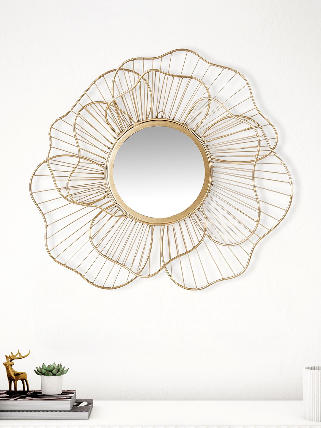

Home Centre Panorama Fresco Gold Toned Metal Floral Decorative Wall Mirror