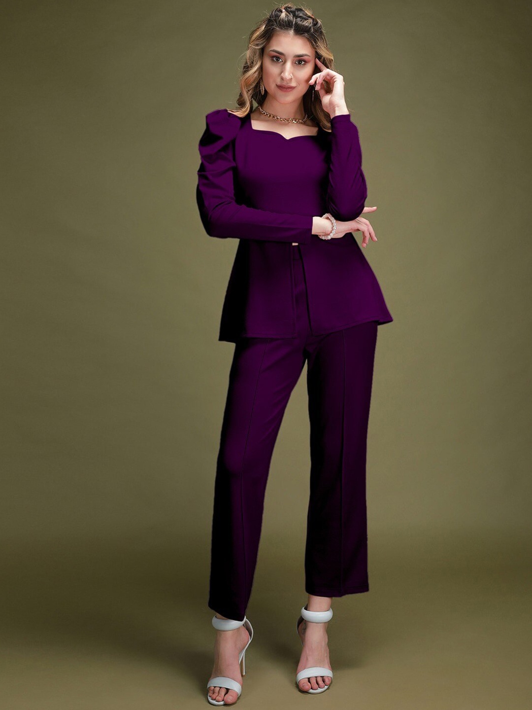 

Ziva Fashion Sweetheart Neck Tunic & Trousers Co-Ords, Purple
