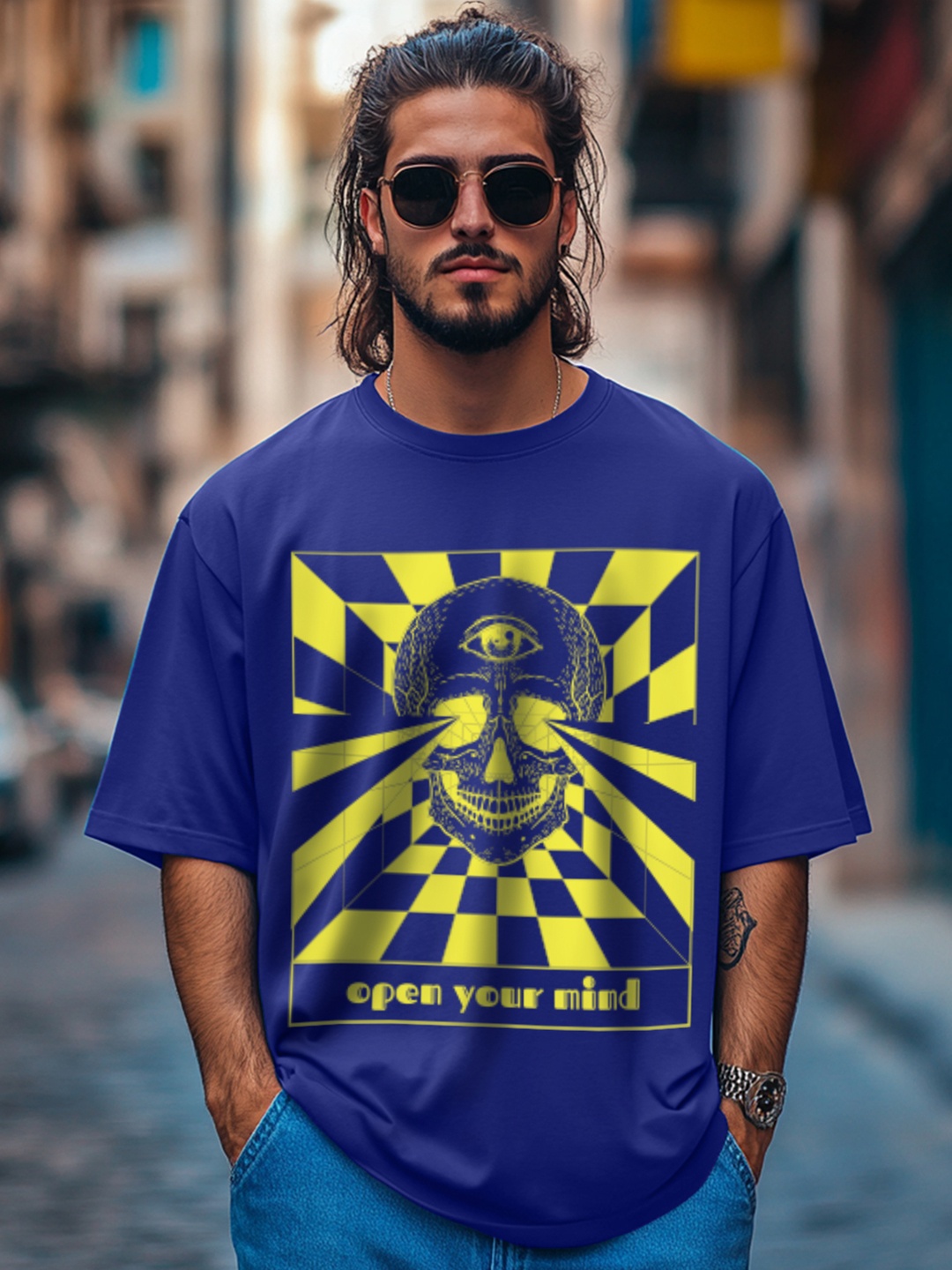 

VEIRDO Graphic Printed Drop-Shoulder Oversized Cotton T-shirt, Blue