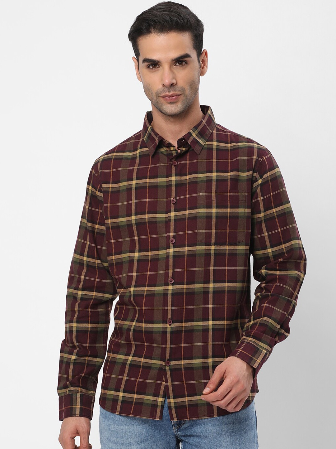 

R&B Tartan Checked Opaque Cotton Casual Shirt, Maroon