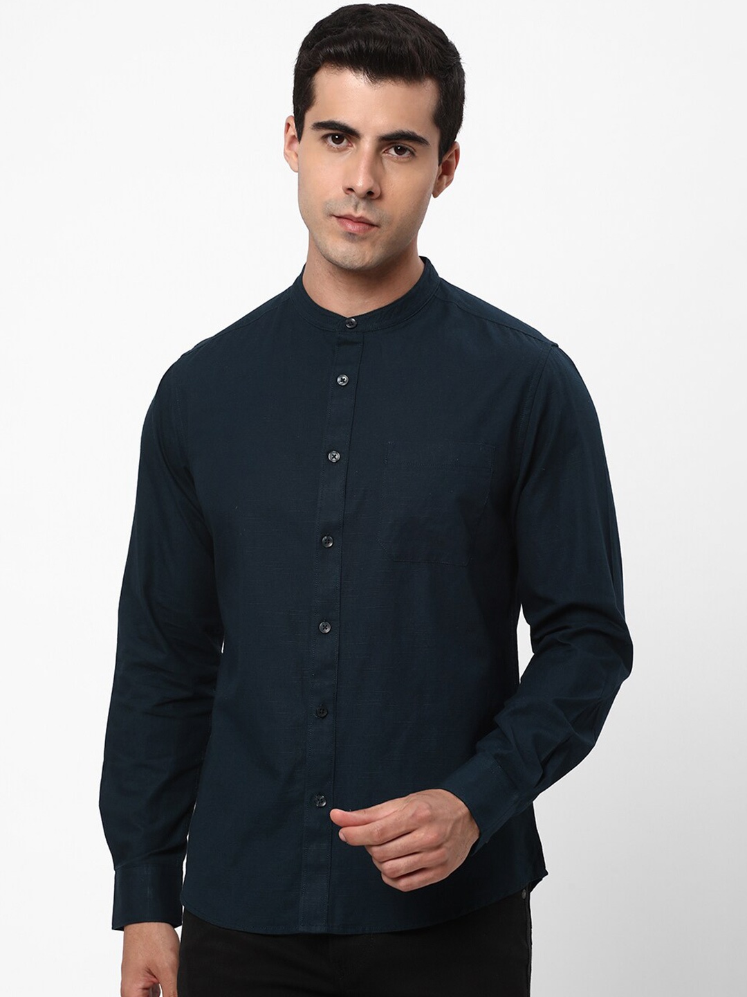 

R&B Band Collar Cotton Casual Shirt, Blue