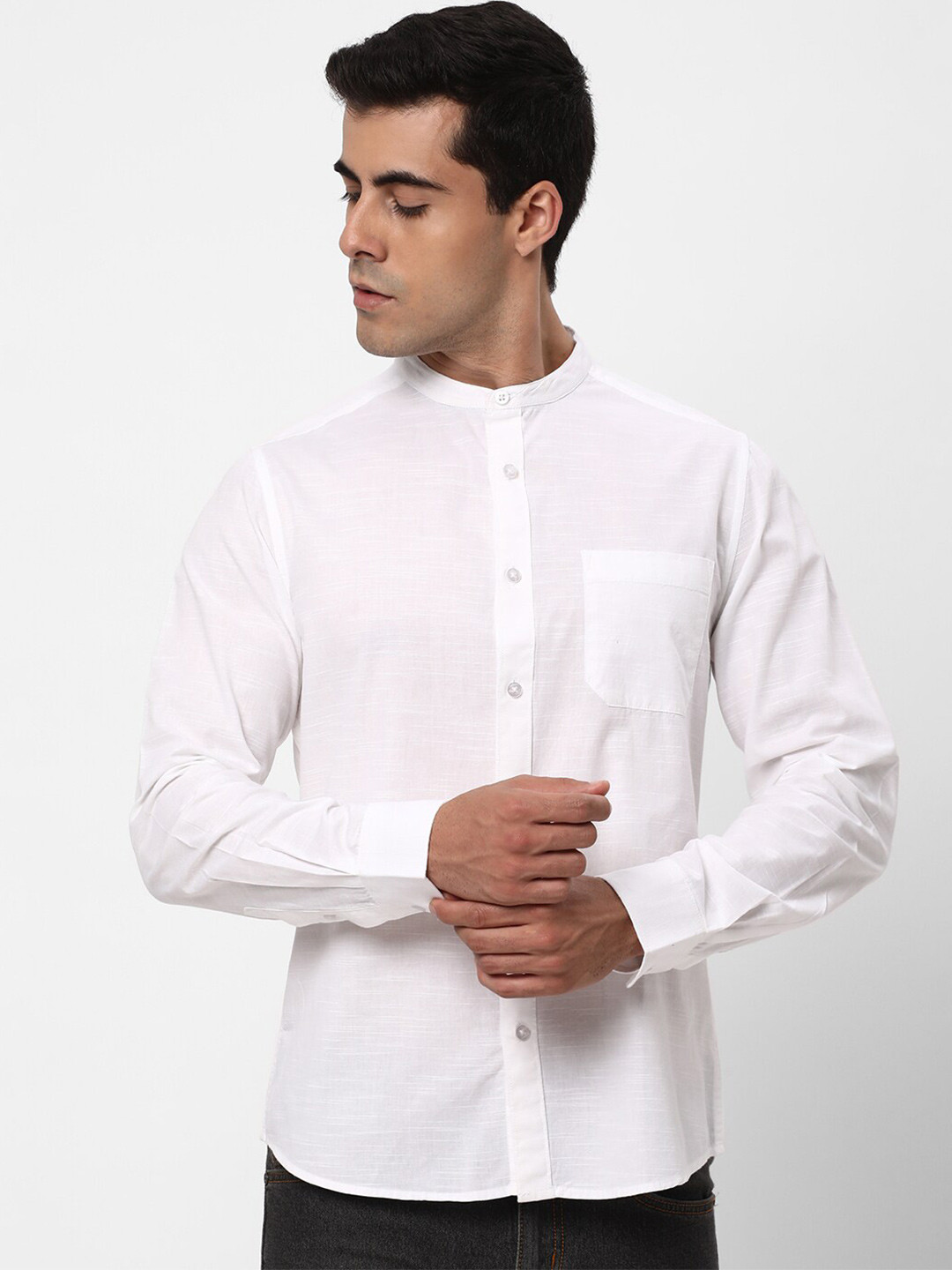 

R&B Band Collar Long Sleeves Cotton Casual Shirt, White