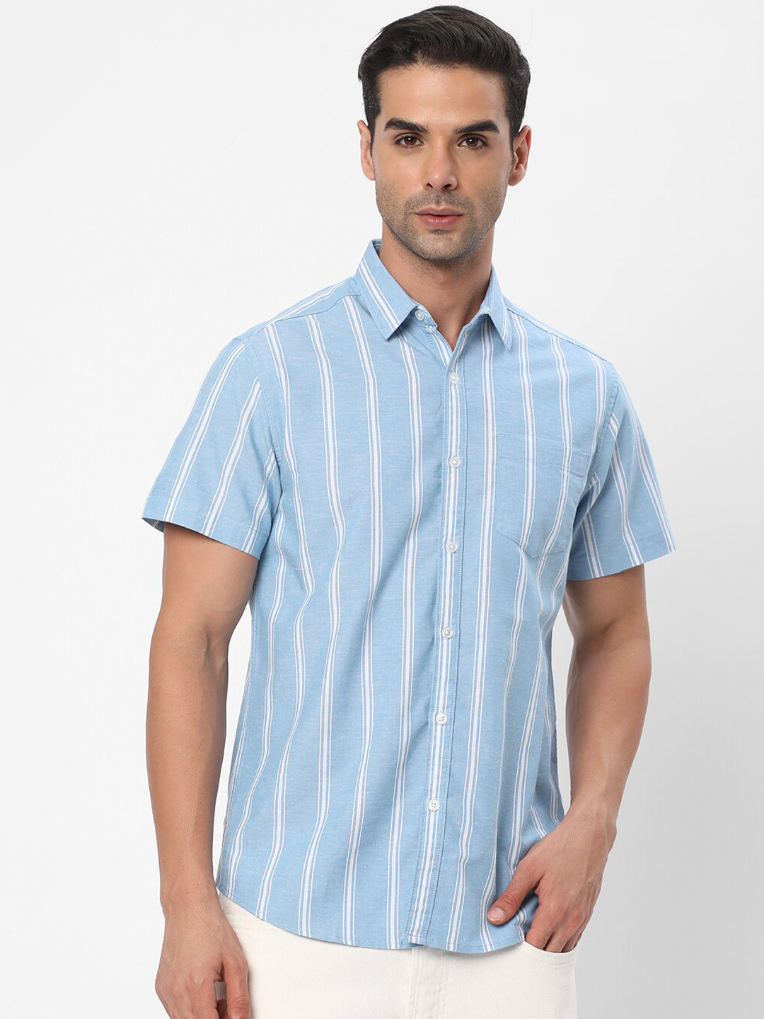 

R&B Striped Spread Collar Cotton Casual Shirt, Blue