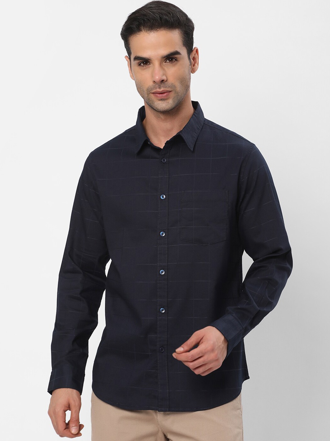 

R&B Grid Tattersall Checked Opaque Cotton Casual Shirt, Navy blue