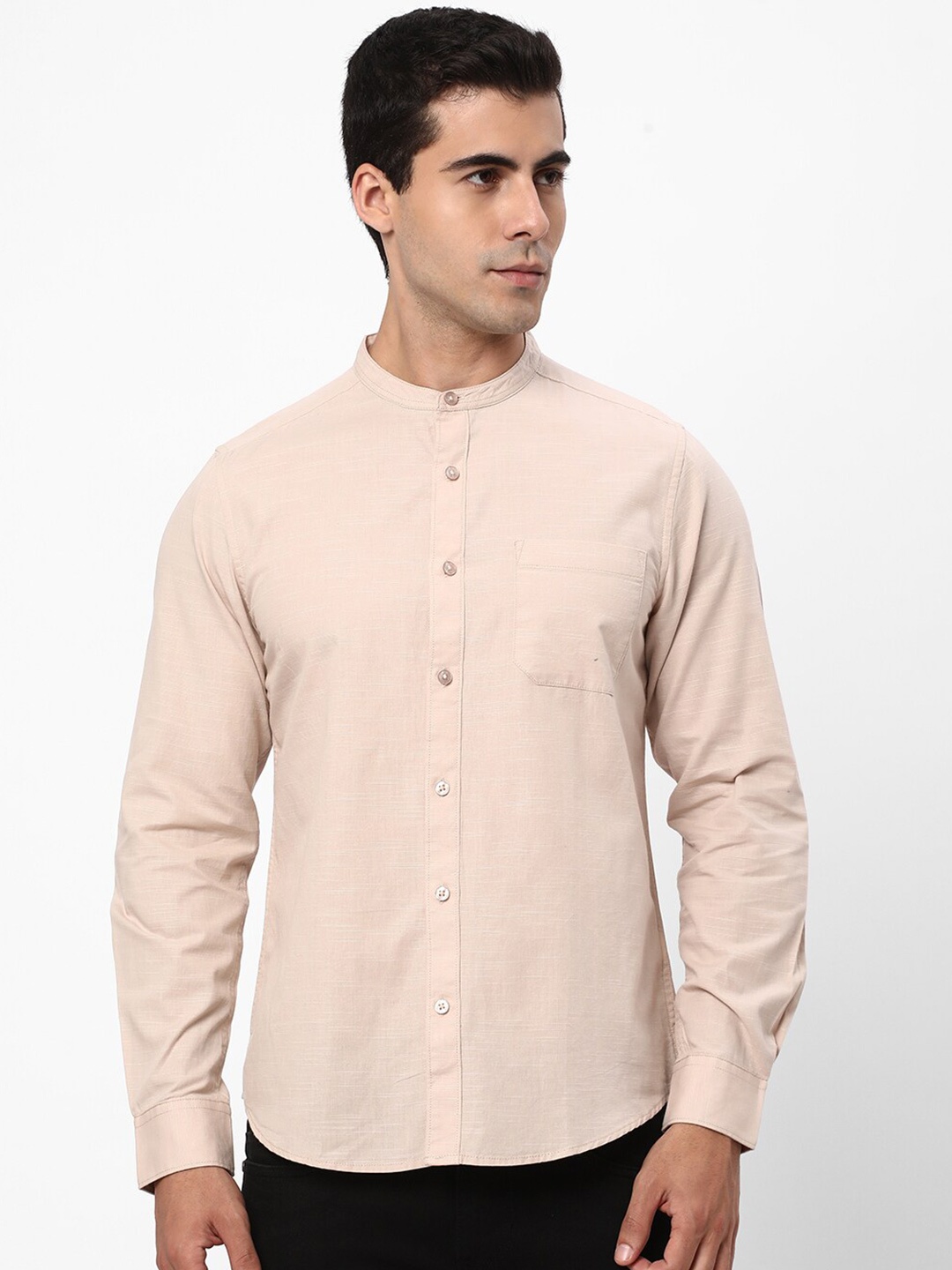 

R&B Band Collar Cotton Casual Shirt, Beige