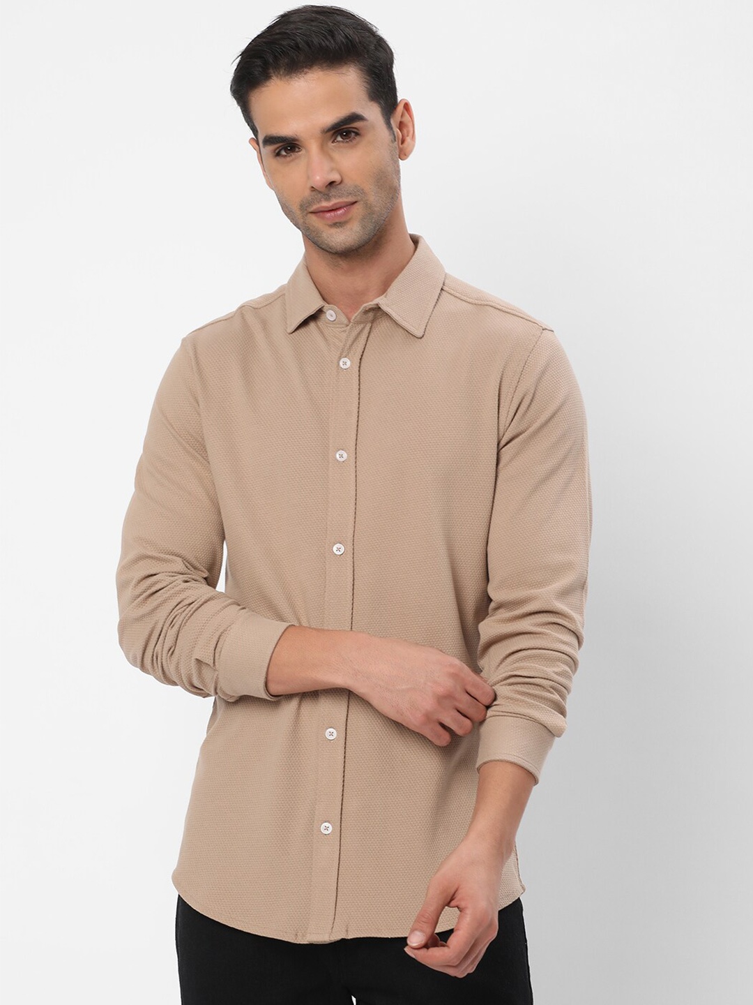 

R&B Spread Collar Cotton Casual Shirt, Beige