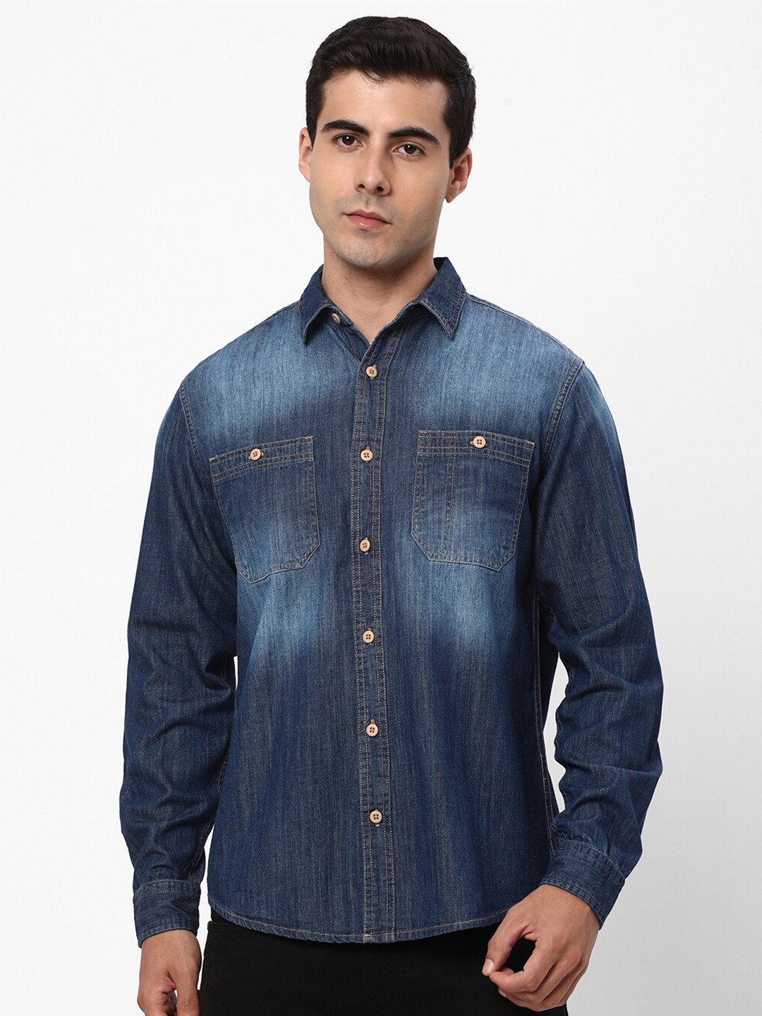 

R&B Faded Spread Collar Cotton Casual Shirt, Blue