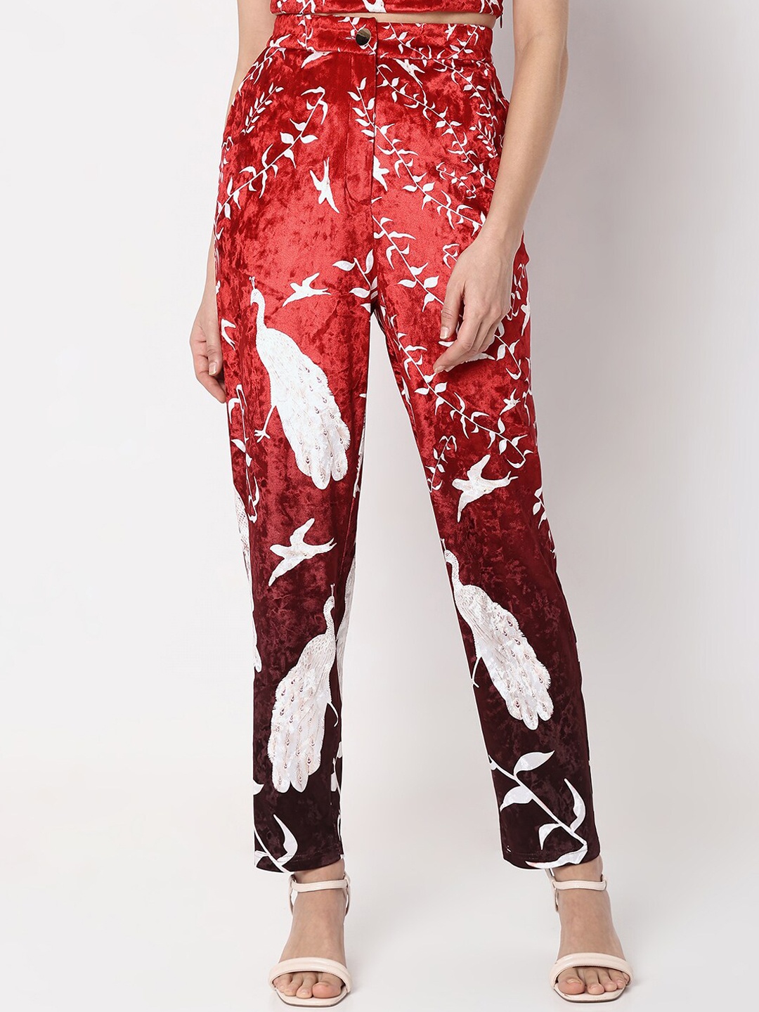 

Vero Moda Women Floral Printed Slim Fit High-Rise Trousers, Red