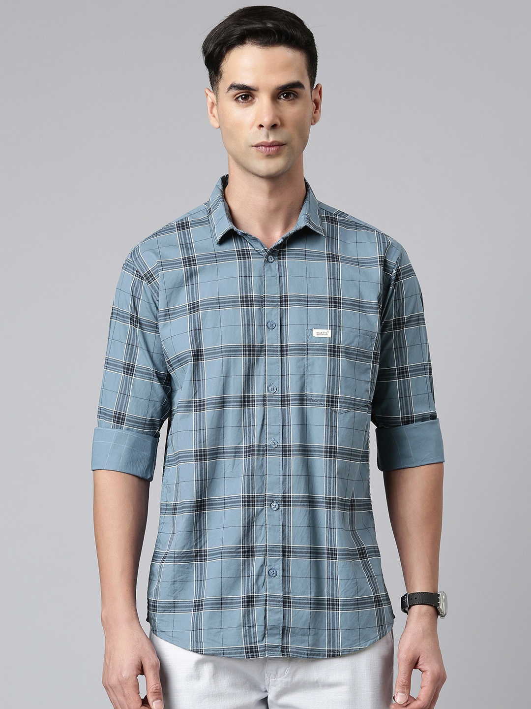 

Majestic Man Men Standard Slim Fit Tartan Checked Cotton Casual Shirt, Blue