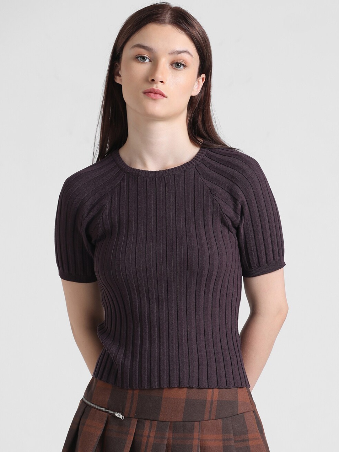 

ONLY Round Neck Ribbed Top, Brown