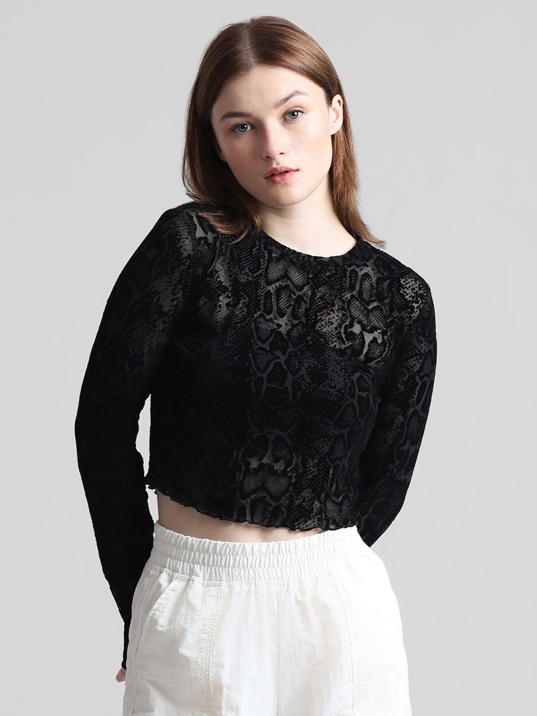 

ONLY Self Design Lace-Up Detail Long Sleeves Crop Top, Black